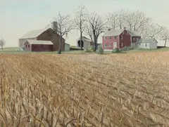 H.J. Prettyman, Farm at Edge of Cornfield, Oil on board