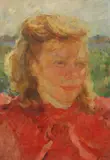 Russian School, Portrait of Woman in Red, Oil on board