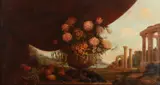 Continental School, Still with with Urn of Roses with Panoramic View of Ruins, STILL WITH WITH URN OF ROSES WITH PANORAMIC VIEW OF RUINS, oil on canvas
