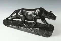 Untitled by Isidore Bonheur, STALKING MOUNTAIN LION, stamped "Bonheur" and "Pompeian Bronze Co." Metal sculpture with black patination, sold Sep 2015