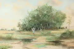 Rueben Legrande Johnston, Figures Along Stream, Watercolor