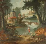 Continental School, Shepherd with His Flock by the River, SHEPHERD WITH HIS FLOCK BY THE RIVER, oil on canvas