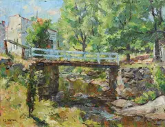 Frederick L. Sexton, Bridge Over Stream with House, Oil on board