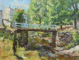 Frederick L. Sexton, Bridge Over Stream with House, Oil on board