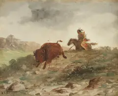 A. D. M. Cooper, American Indian Chasing Bison, Oil on board