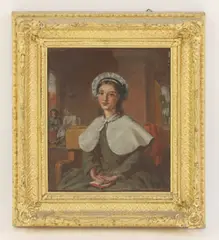 Robert Morrison, Untitled, oil on board 23 x 19.5cm A woman sitting with bible in hand