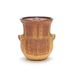 Michael Casson, Lidded jar, Earthenware, ochre glaze, incised dotted and linear decoration