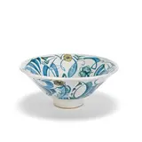 Alan Caiger-Smith, Large footed bowl, Glazed earthenware, blue and yellow stylised foliate design on white ground