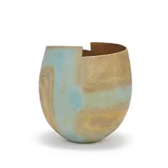 John Ward, Stepped rim pot, circa 1990, Stoneware, of ovoid form, ochre and green matt glaze