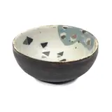 John Maltby, Bowl, Stoneware, cream slip with blue and silver painted geometric designs, the exterior with dark brown glaze