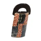 John Maltby, Vessel with crescent handle, circa 1990, Stoneware, layered blue, brown, matt red and craquelure cream glazes painted in an abstract design