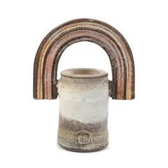 'Rainbow' vase by Colin Pearson, Stoneware, body of cylindrical form with applied arched handle, soft palette of cream, pink and orange glazes against a , sold May 2023