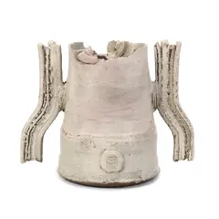 Colin Pearson, Vase with wings, Stoneware, two applied handles or "wings", cream and soft pink glaze against a brown ground