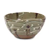 Takeshi Yasuda, Bowl, 1984, Stoneware, trailed white splashes beneath a green ash glaze, running iron splashes, squeezed indent to one side