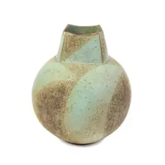 John Ward, Spherical vessel, circa 1993, Stoneware, globular body with extended squared neck, mottled green and brown matt glazes