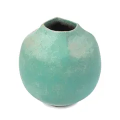 Spherical vessel by John Ward, Stoneware, globular body with squared lip, vibrant turquoise glaze, sold May 2023