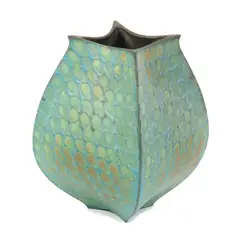 Ruth King, Vessel, circa 1985, Stoneware, organic four-sided form, the matt turquoise and green glaze with mottled  "scaled" pattern