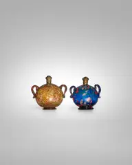 Francesco Ferro E Figlio, Two Twin Handled Scent Bottles, polichrome glass with aventurine inclusions, metal oxides and applied handles