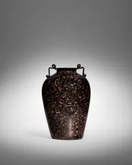 Fratelli Toso, Vase, deep amethyst glass with aventurine inclusions and applied handles