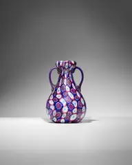 Murrine Vase by Fratelli Toso, blown murrine glass with applied handles, sold May 2023