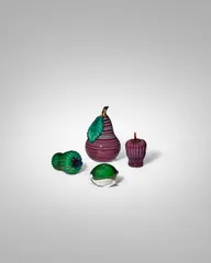 Four Iridized Fruits by Napoleone Martinuzzi, , lattimo opaque applied glass with iridized surface and gold foil applications, offered May 2023