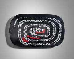 Carlo Scarpa, Murrina del Serpente Bowl, for Venini, opaque black glass with white and red murrine, engraved 'venini 86 Carlo Scarpa' and acrylic label 'VENINI'