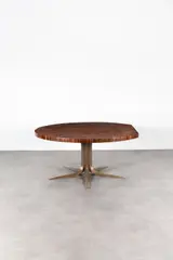 Jules Wabbes, Table à pan coupé, End grain wood tray -wengé- and central tulip-shaped base with five branches in  bronze