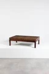 Table basse by Jules Wabbes, End grain wood tray -wengé- and wood base with brass shoes, sold Jun 2023