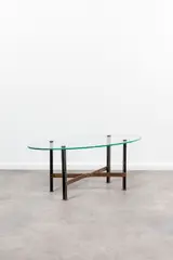 Mod. Canasta by Mathieu Matégot, Leather-covered metal, brass and glass top, offered Jun 2023