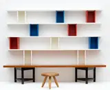 Carl-Gustaf Hiort af Ornäs, Mod. Välipala, Teak base, shelves and blocks in lacquered wood