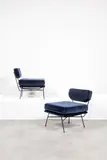 Mod. Elettra. by Studio Bbpr - Gianluigi Banfi, Lodovico Barbiano di Belgiojoso, Enrico Peressutti and Ernesto Nathan Rogers, Black lacquered tubular steel frame with rubber shoes and dark blue velvet by Raf Simons for Kvadrat, sold Jun 2023