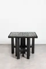Ado Chale, Table, Black resin and hematite mosaic top on three black lacquered steel tripod legs