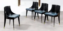Jacques Dupuis, Suite de quatre chaises, Black lacquered wood, brass shoes and vinyl