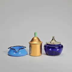 Austrian School, Three glass vessels, circa 1910, Comprising: a Loetz glass ashtray in the manner of Micheal Powolny