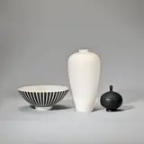 Norman Wilson, Bowl, powder bowl and cover, and lamp base, mid-20th century, Earthenware, monochrome glazes, powder bowl black basalt
