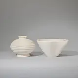 Vase and bowl, model no.s 3988 and 3819 by Keith Murray: Made by Wedgwood, circa 1935, Earthenware, "moonstone" glazes, sold Feb 2023
