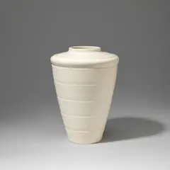 Keith Murray: Made by Wedgwood, Vase, model no. 3805, circa 1935, Earthenware, "moonstone" glaze, shouldered tapering form with horizontal ridge decoration