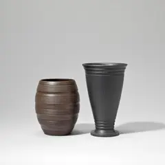 Keith Murray: Made by Wedgwood, Two vases, circa 1935, Earthenware, brown and black basalt glazes