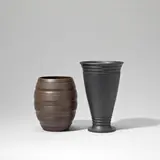 Two vases by Keith Murray: Made by Wedgwood, circa 1935, Earthenware, brown and black basalt glazes, sold Feb 2023