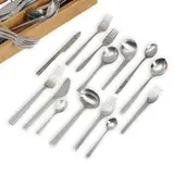 Danish Modern Stainless Steel Flatware, c. 1960, various patterns including four Georg Jensen Stainless Steel soup spoons, twelve Wilkens soup spoons, nine Gense tablespoons, six Lundtofte tablespoons, seven Gense teaspoons, nine similar demitasse spoons with various marks, twelve unmarked place knives, four unmarked 7 3/4 inch knives, six Gense dessert forks, two Georg Jensen stainless steel dessert forks, eleven Lundtofte place forks, approximately twenty-five other items.