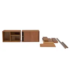 Mid-century Modern Modular Wall Unit, teak veneer, particle board, two wall-mounted supports, lg. 72, two wall-mounted supports lg. 35 1/2, four shelf supports lg. 18, two metal rods, additional hardware, lg. 33, six shelves 31 1/2 x 7 3/4, one shelf 21 3/4 x 8, one shelf 21 3/4 x 12, cabinet with open shelves, ht. 19 1/2, wd. 31 1/2, dp. 17 1/2, cabinet with sliding doors, ht. 19 1/2, wd. 31 1/2, dp. 17 1/2 in., together with additional wood storage items, case with two short drawers and shelves, two stand-alone shelves, one case with tambour., teak veneer, particle board, two wall-mounted supports, lg