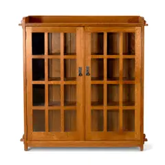 Stickley Bookcase, Fayetteville, North Carolina, dated 1992, pair of glazed doors open to three solid wood adjustable shelves, marked "89 645 Nov. 4 1992, #35 Fayetteville," ht. 53 1/4, wd. 52, dp. 12, shelf dp. 10 in., Fayetteville, North Carolina, dated 1992, pair of glazed doors open to three solid wood adjustable shelves, marked "89 645 Nov