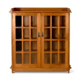 Stickley Bookcase, Fayetteville, North Carolina, dated 1992, pair of glazed doors open to three solid wood adjustable shelves, marked "89 645 Nov. 4 1992, #35 Fayetteville," ht. 53 1/4, wd. 52, dp. 12, shelf dp. 10 in., Fayetteville, North Carolina, dated 1992, pair of glazed doors open to three solid wood adjustable shelves, marked "89 645 Nov