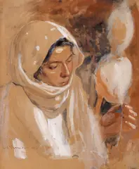Țărăncuță cu fuior by Nicolae Vermont, 1907, acuarelă pe hârtie, sold Dec 2023