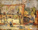 Stradă din Sibiu by Rudolf Schweitzer–Cumpăna, ulei pe carton, sold Dec 2023