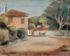 Francisc Șirato, Case la Balcic, 1937, acuarelă și pastel pe hârtie