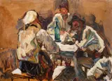 Țărani la han by Rudolf Schweitzer–Cumpăna, a doua jumătate a anilor '20, ulei pe carton, sold Dec 2023