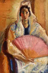 Spaniolă cu evantai by Iosif Iser, anii '30, ulei pe carton, sold Dec 2023