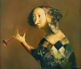 Femme a la tromppette by Georges Mazilu, acrilic pe pânză, sold Dec 2023