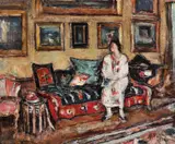 Lucreția în interior la Târgoviște by Gheorghe Petrașcu, 1938, ulei pe pânză, offered Dec 2023